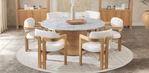 Comedor Redondo de Granito 160 cm Astor Natural y 6 Sillas Ellisse