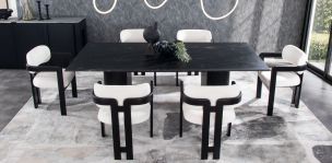 Comedor Rectangular de Granito 240 x 120 cm Astor Negro y 6 Sillas Elisse Cotton