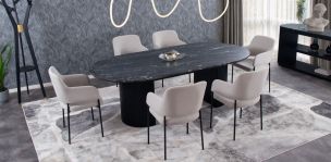 Comedor Ovalado de Granito 240 x 120 cm Astor Negro con 6 Sillas Guiza