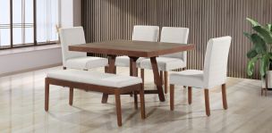 Comedor 135 x 100 cm Granada Nogal 4 Sillas y Banca Beige