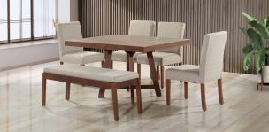 Comedor 135 x 100 cm Nogal Granada, 4 Sillas y Banca Beige