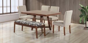 Comedor 135 x 100 cm Nogal Granada, 4 Sillas Beige y Banca Charcoal