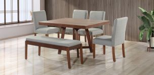 Comedor 135 x 100 cm Nogal Granada, 4 Sillas y Banca Gris