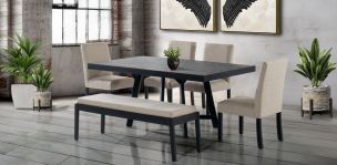 Comedor 160 x 100 cm Negro Granada, 4 Sillas y Banca Beige