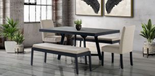 Comedor 160 x 100 cm Negro Granada, 2 Sillas y 2 Bancas Beige