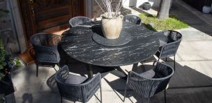 Comedor Redondo de Granito 180 cm Lungo y 6 Sillas Lugano Negro