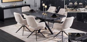 Comedor de Cerámica 180 x 100 cm Adria Negro con 6 Sillas Isha Beige