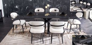 Comedor de Cerámica 180 x 100 cm Adria Negro con 6 Sillas Lacey Blanca