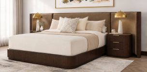 Cama King Size Astor Nogal Tapizada con Extensión