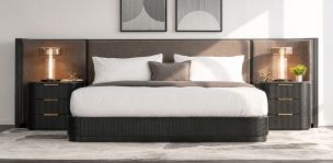 Recámara King Size Astor Negro Tapizada con Burós de Granito