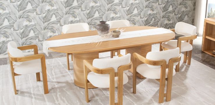 Comedor Ovalado 240 x 120 cm Astor Natural y 6 Sillas Ellisse Cotton