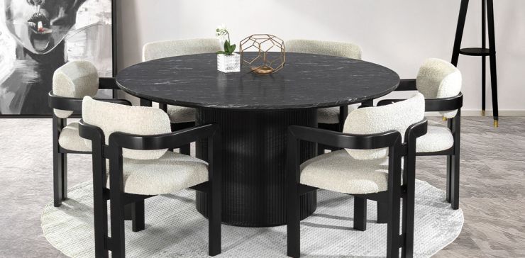 Comedor Redondo de Granito 160 cm Astor Negro y 6 Sillas Elisse Dotty