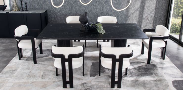 Comedor Rectangular de Granito 240 x 120 cm Astor Negro y 6 Sillas Elisse Cotton