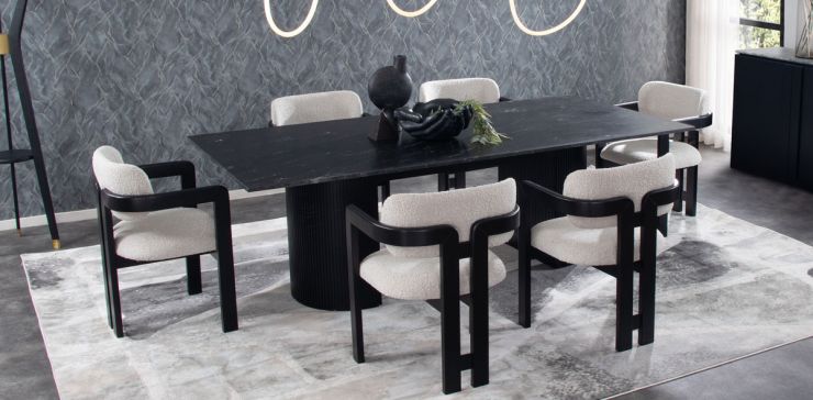 Comedor Rectangular de Granito 240 x 120 cm Astor Negro y 6 Sillas Elisse Dotty