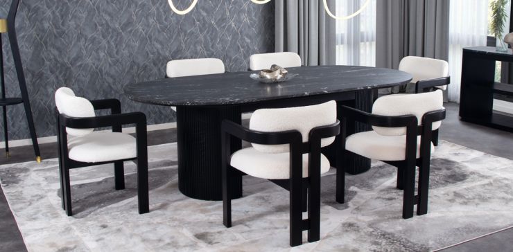 Comedor Ovalado de Granito 240 x 120 cm Astor Negro con 6 Sillas Ellisse