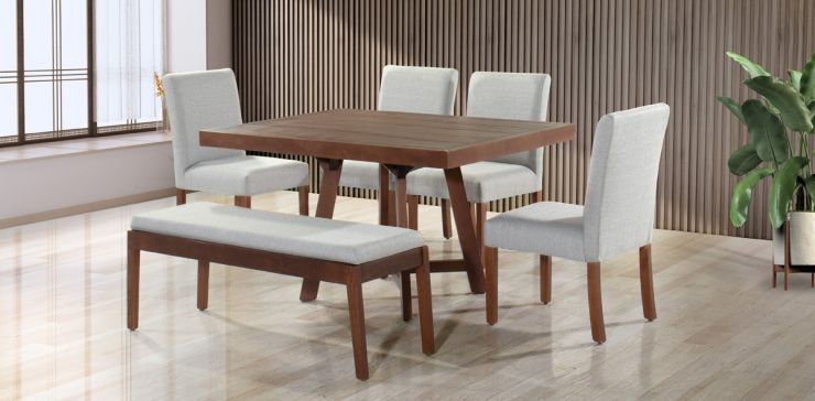 Comedor 135 x 100 cm Granada Nogal 4 Sillas y Banca Gris
