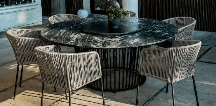 Comedor Redondo de Granito 180 cm Dorato y 6 Sillas Lugano Gris