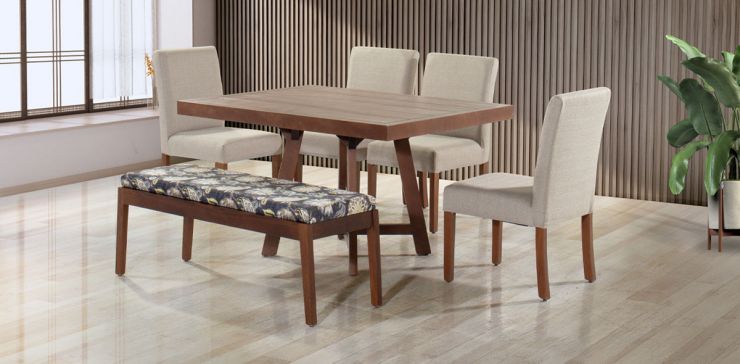 Comedor 135 x 100 cm Nogal Granada, 4 Sillas Beige y Banca Charcoal