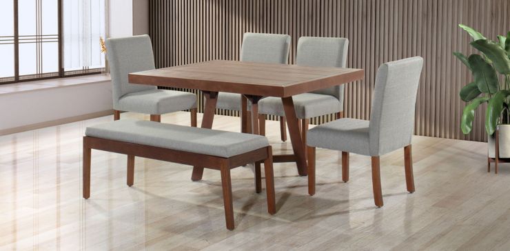 Comedor 135 x 100 cm Nogal Granada, 4 Sillas y Banca Gris