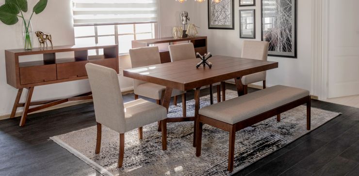 Comedor 160 x 100 cm Granada Nogal con 4 Sillas y Banca Beige