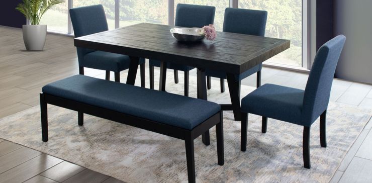 Comedor 160 x 100 cm Negro Granada, 4 Sillas y Banca Azul