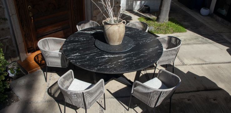 Comedor Redondo de Granito 180 cm Lungo y 6 Sillas Lugano Gris