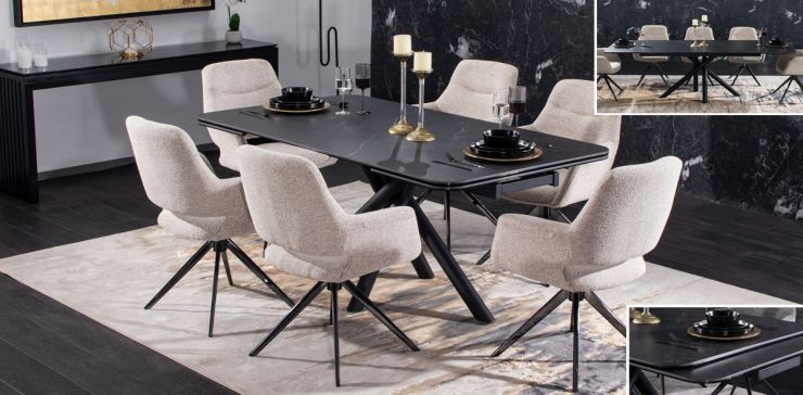Comedor de Cerámica 180 x 100 cm Adria Negro con 6 Sillas Isha Beige