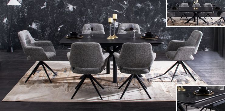 Comedor de Cerámica 180 x 100 cm Adria Negro con 6 Sillas Isha Gris
