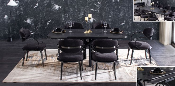 Comedor de Cerámica 180 x 100 cm Adria Negro con 6 Sillas Lacey Gris