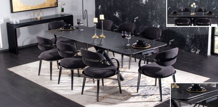 Comedor de Cerámica 180 x 100 cm Adria Negra con 8 Sillas Lacey Gris