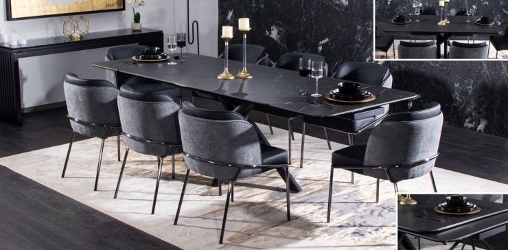Comedor de Cerámica 180 x 100 cm Adria Negro con 8 Sillas Elan