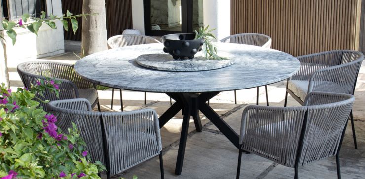 Comedor Redondo de Granito 180 cm Ristretto y 6 Sillas Lugano Gris