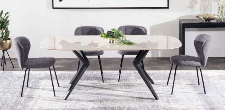 Comedor 200 x 100 cm Rummer Beige con 6 Sillas Gris