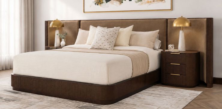 Cama King Size Astor Nogal Tapizada con Extensión