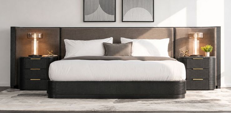 Recámara King Size Astor Negro Tapizada con Burós de Granito
