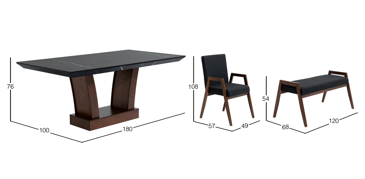 Comedor 180 x 100 cm Calella, 4 sillas y una banca