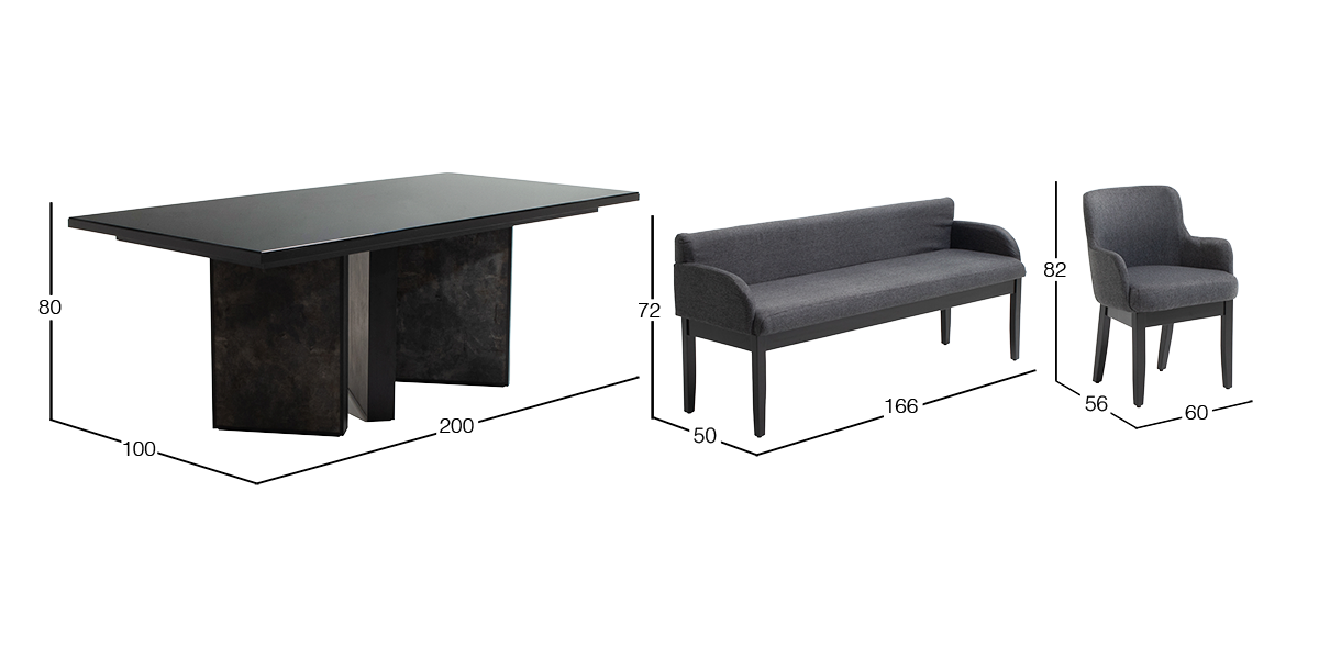 Comedor 200 x 100 cm Geo Negro 5 sillas y una banca