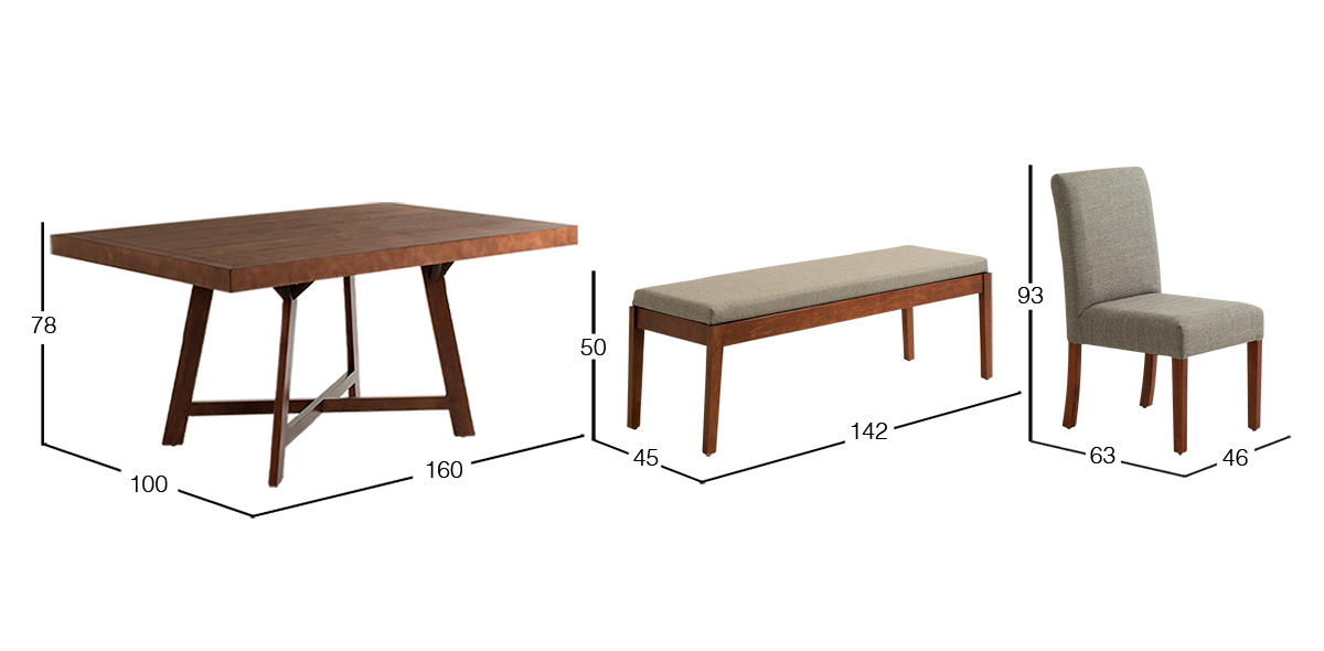 Comedor 160 x 100 cm Nogal Granada, 4 Sillas y Banca Gris