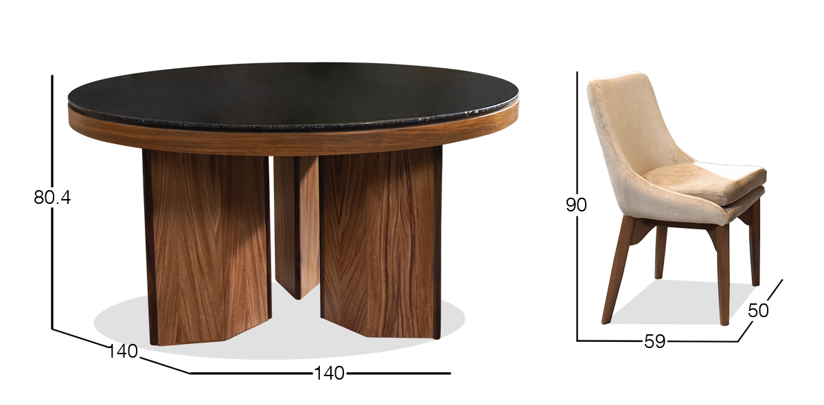 Comedor de Granito 140 cm Parota Adela y 4 Sillas Allegra