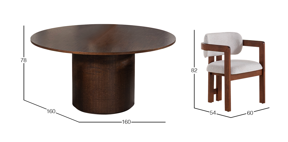 Comedor Redondo 160 cm Astor Nogal con 6 Sillas Ellisse