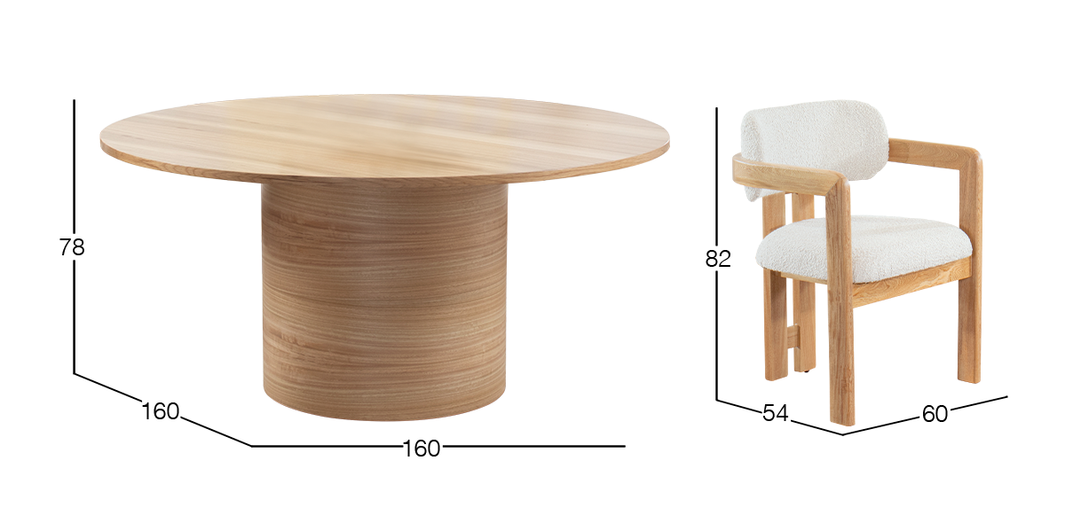 Comedor Redondo 160 cm Astor Natural y 6 Sillas Ellisse