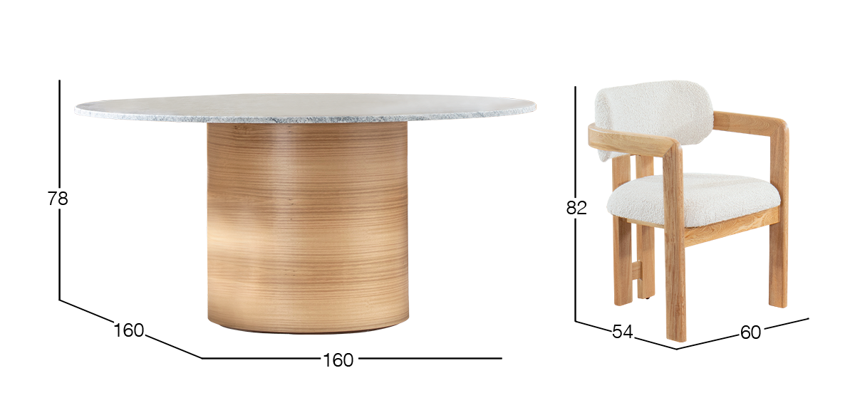 Comedor Redondo de Granito 160 cm Astor Natural y 6 Sillas Ellisse