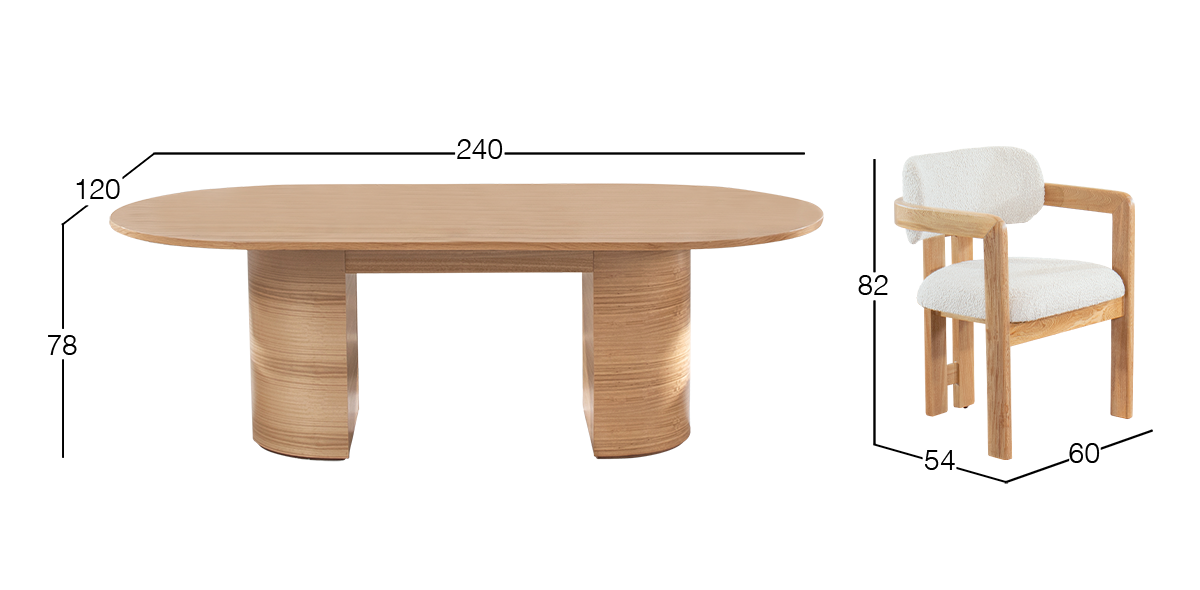 Comedor Ovalado 240 x 120 cm Astor Natural y 6 Sillas Ellisse Cotton