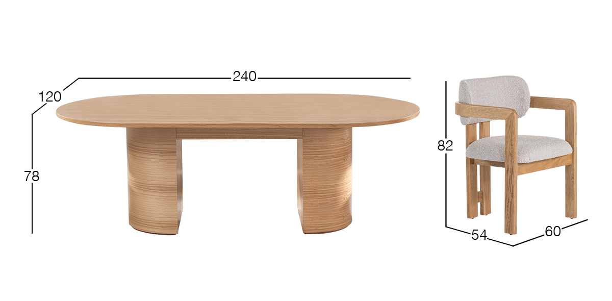 Comedor Ovalado 240 x 120 cm Astor Natural y 6 Sillas Ellisse Dotty