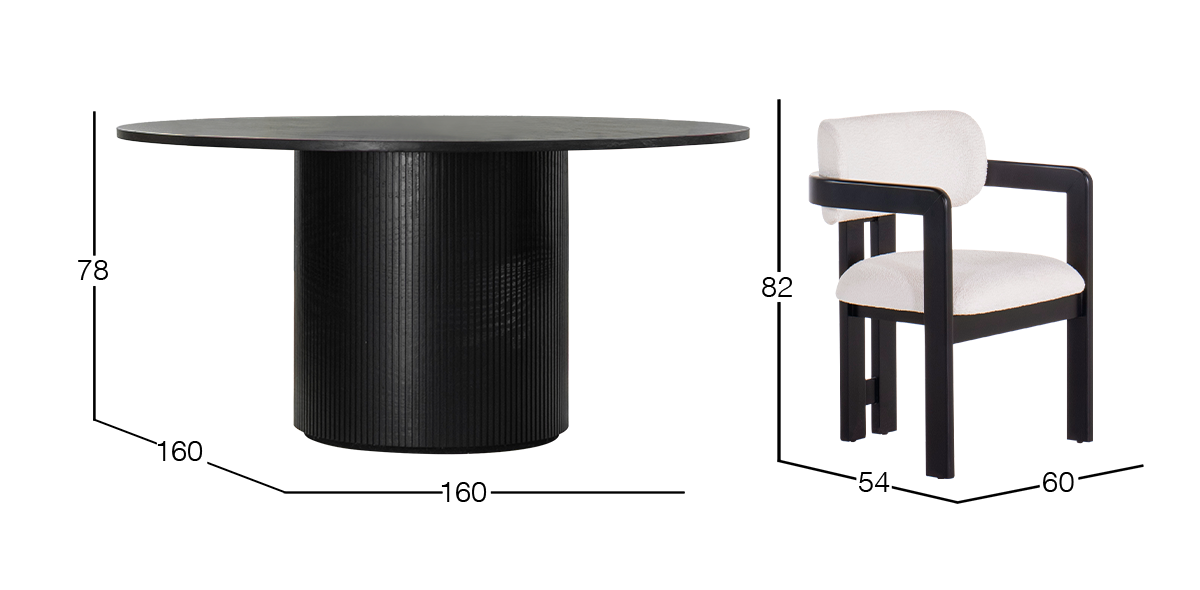 Comedor Redondo 160 cm Astor Negro y 6 Sillas Ellisse