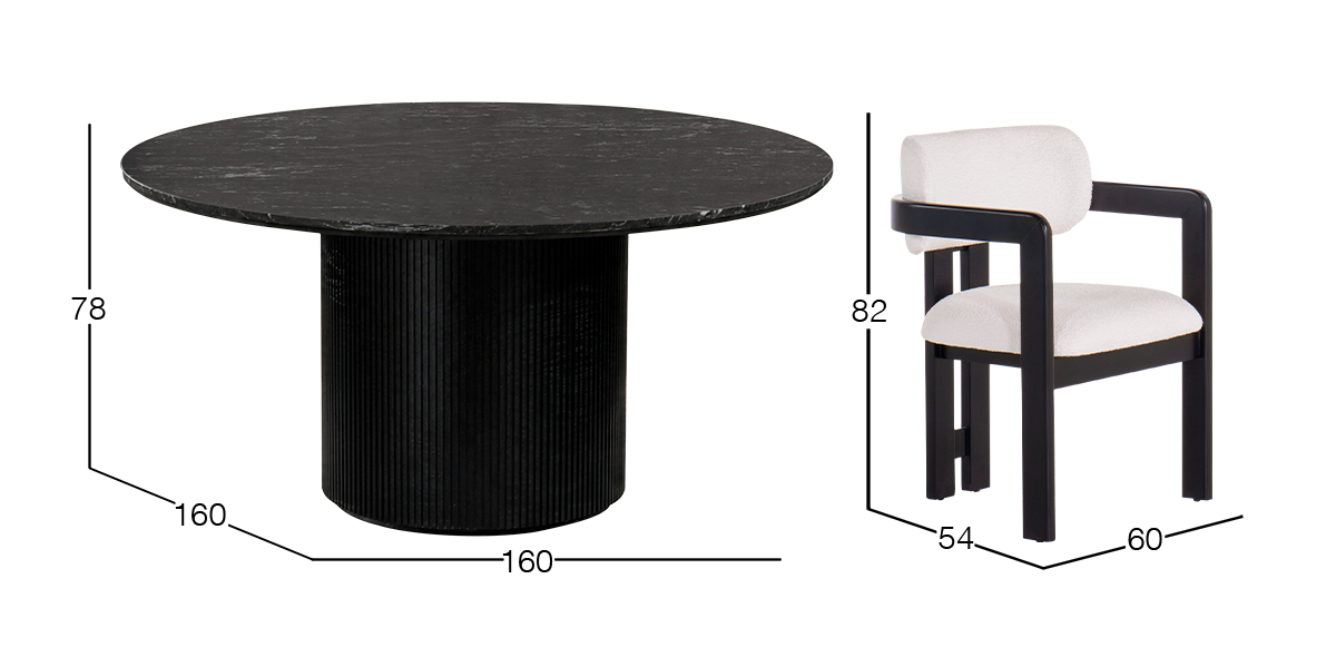 Comedor Redondo de Granito 160 cm Astor Negro y 6 Sillas Elisse Cotton