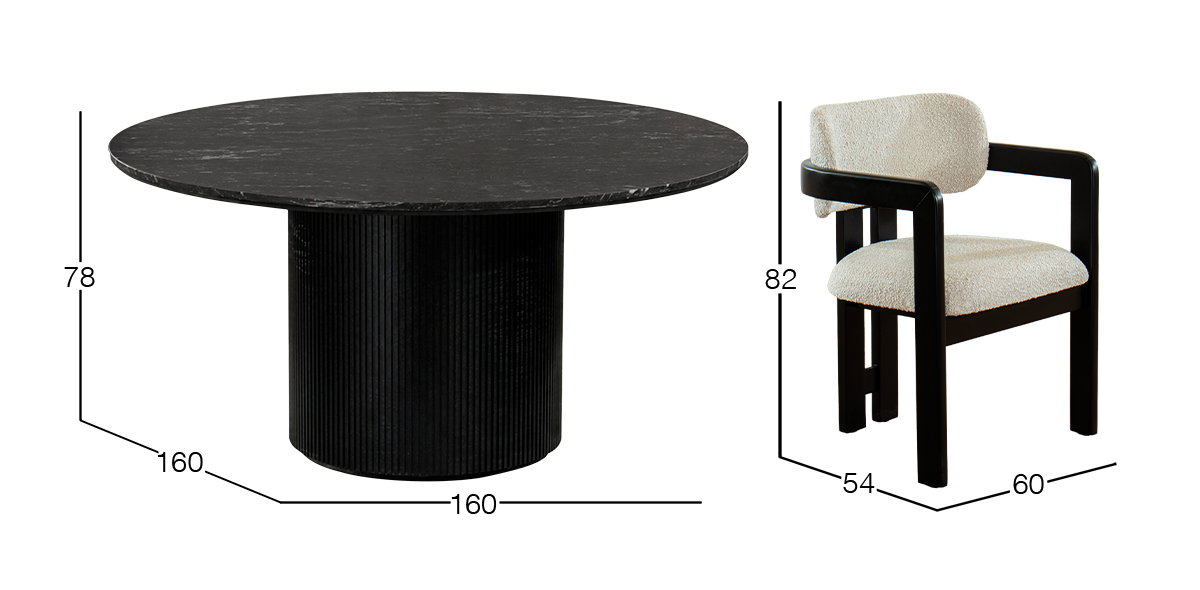 Comedor Redondo de Granito 160 cm Astor Negro y 6 Sillas Elisse Dotty