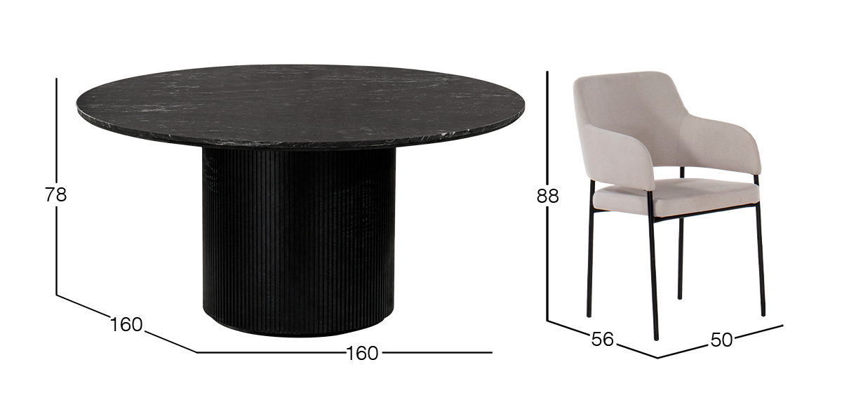 Comedor Redondo de Granito 160 cm Astor Negro y 6 Sillas Guiza