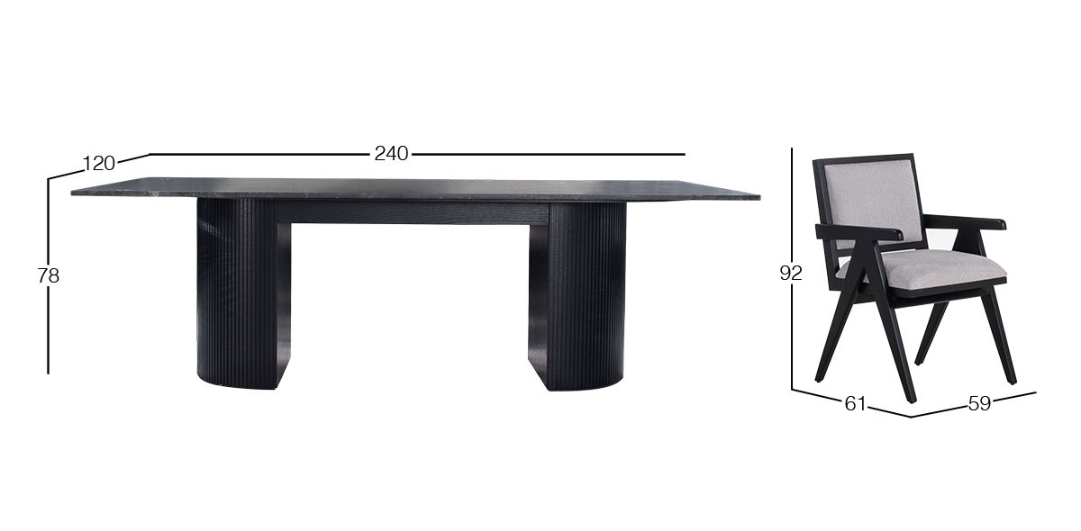 Comedor Rectangular de Granito 240 x 120 cm Astor Negro con 6 Sillas Killian