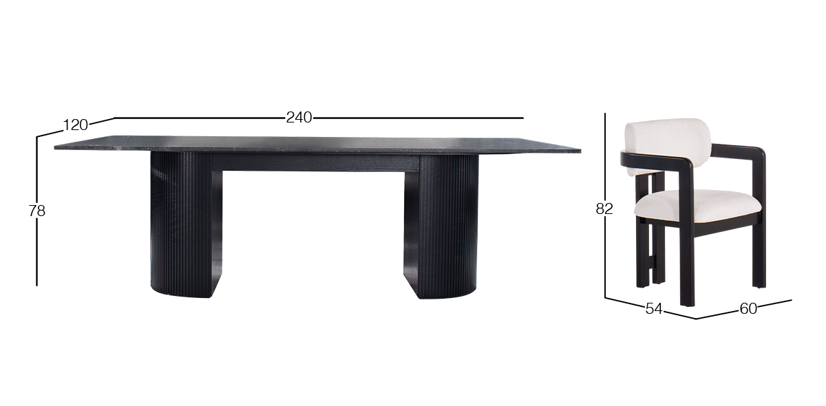 Comedor Rectangular de Granito 240 x 120 cm Astor Negro y 6 Sillas Elisse Cotton